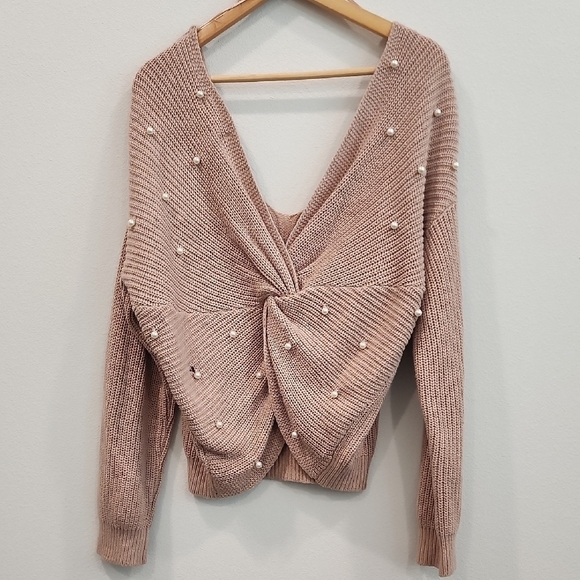 Jessica Simpson Tan V-Neck Sweater with Pearl Accents - Picture 4 of 7